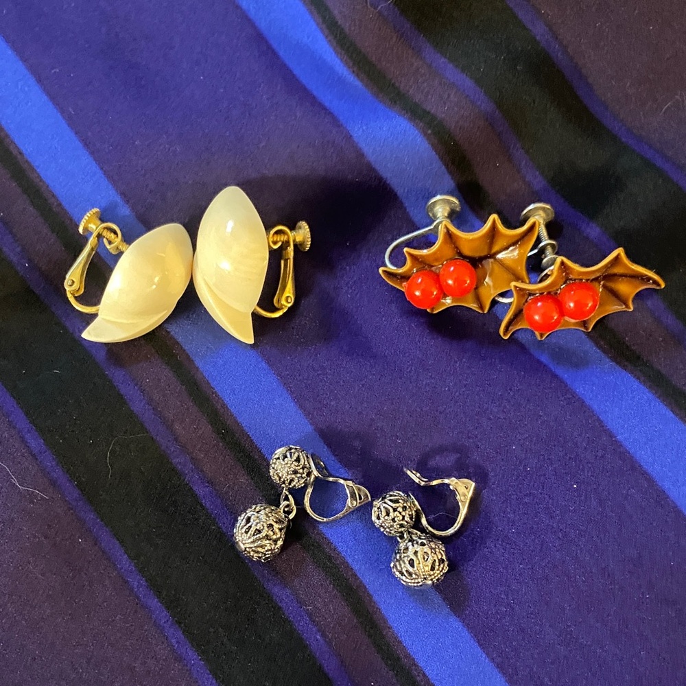 3/$15. Vintage Women's Clip Earring Trio - Cream, Red, Silver